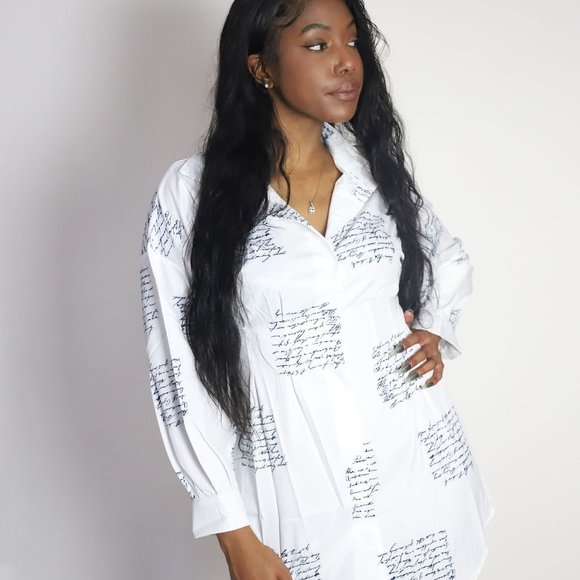 Cursive Newspaper Pattern Design Mini Long Sleeve Casual Shirt Dress,  (S-2XL) - Picture 2 of 9